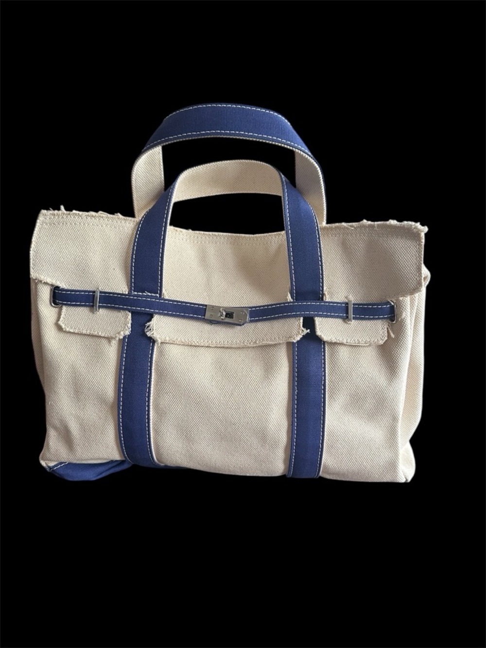 Canvas Boatkin Style Boat Tote Bag, Blue Trim,  Silver Accents New